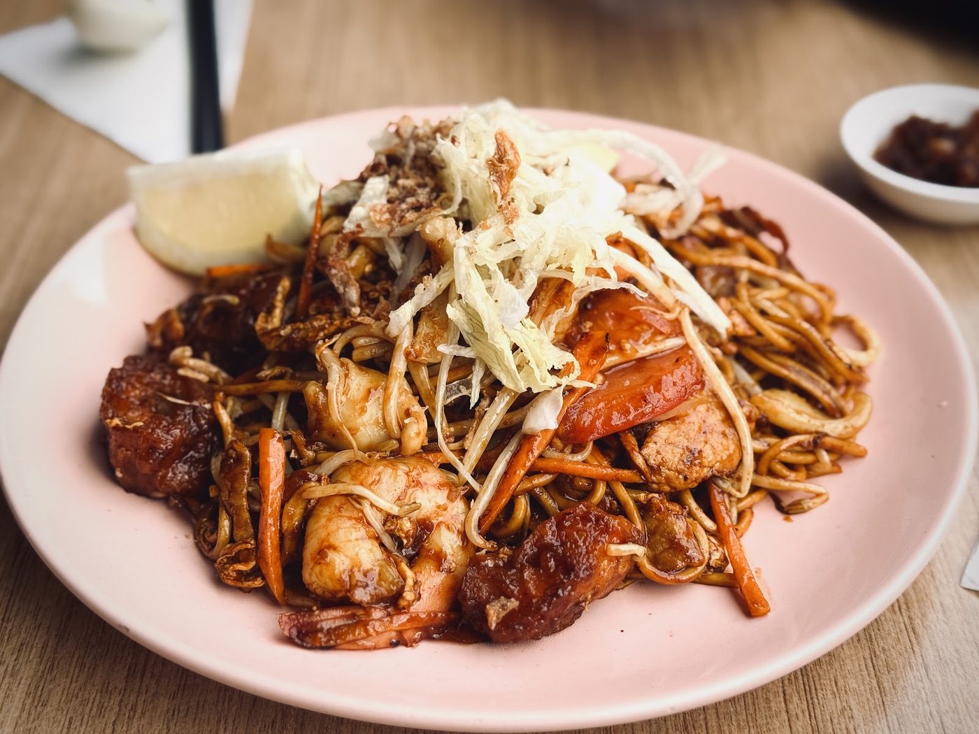 Char kway teow: wok-fried flat noodles with prawns and bean sprouts